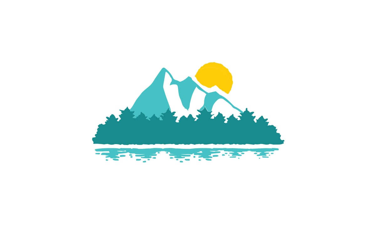Teal mountain and pine forest mark with a yellow sun