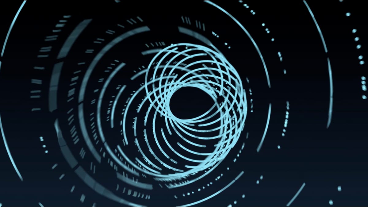 Glowing blue rings spiraling inward on a dark background