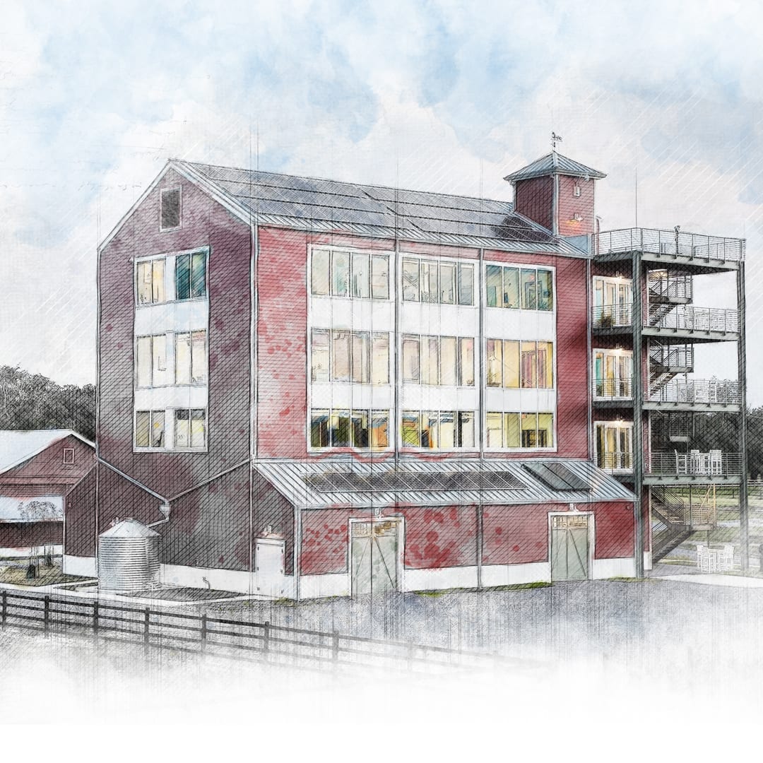Watercolor-style render of a red brick building with an exterior staircase