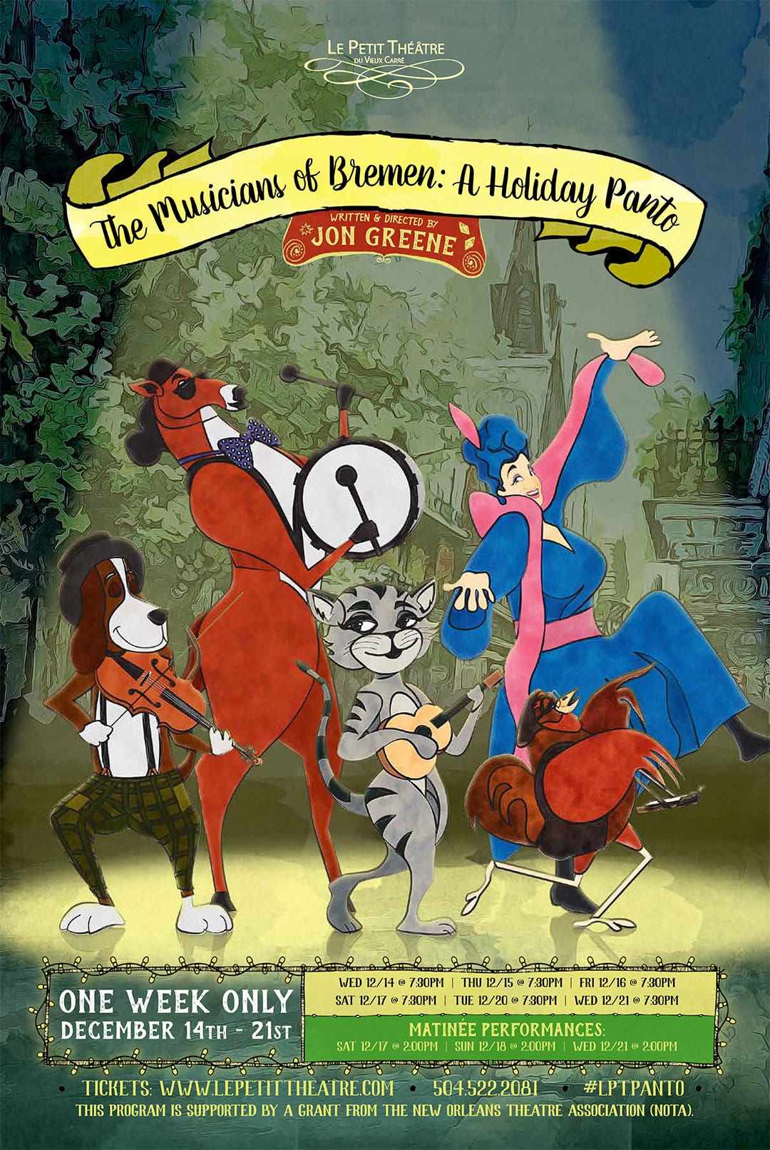 Holiday Panto poster with cartoon animal musicians from The Musicians of Bremen