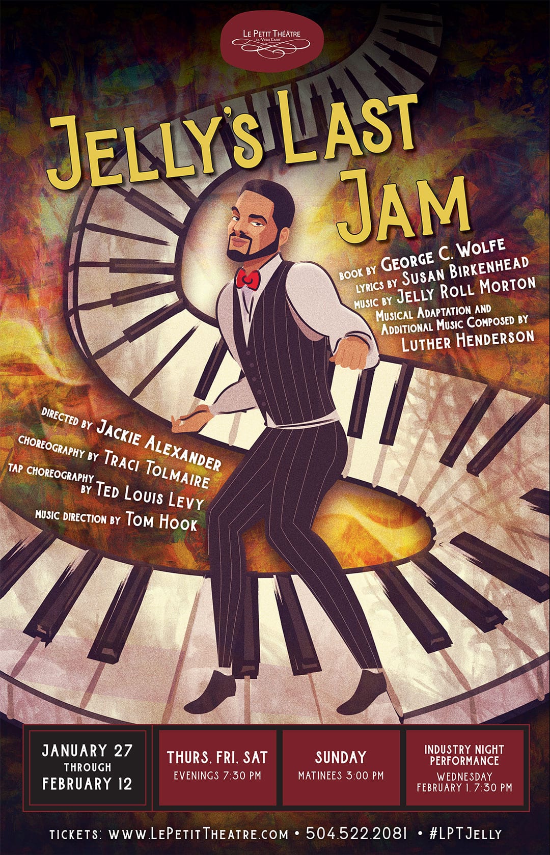 Jelly's Last Jam poster with a dancer in a vest above giant piano keys