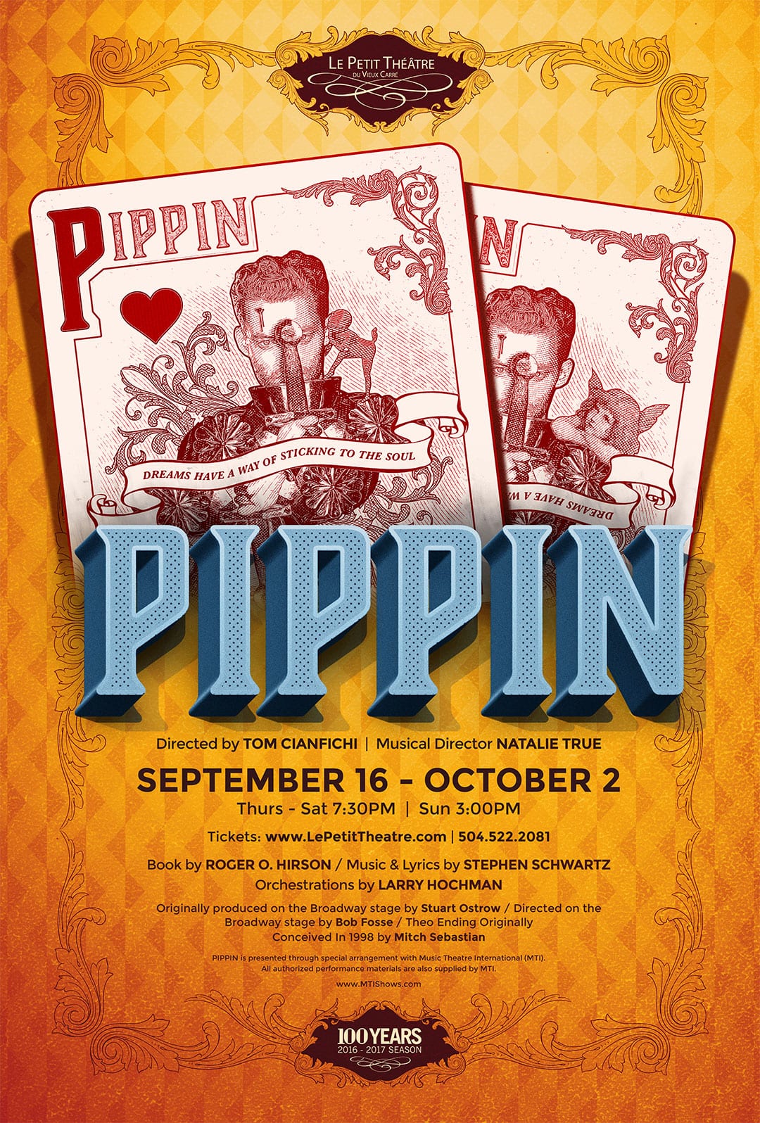 Pippin poster for Le Petit Theatre with vintage playing card illustrations